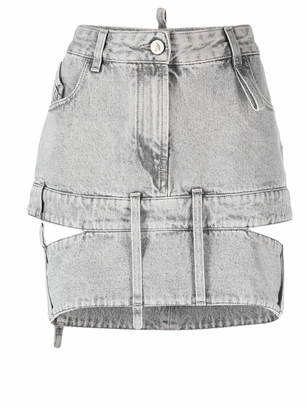 The Attico Distressed Two-Tier Cutout Denim Mini Skirt - Light Gray
